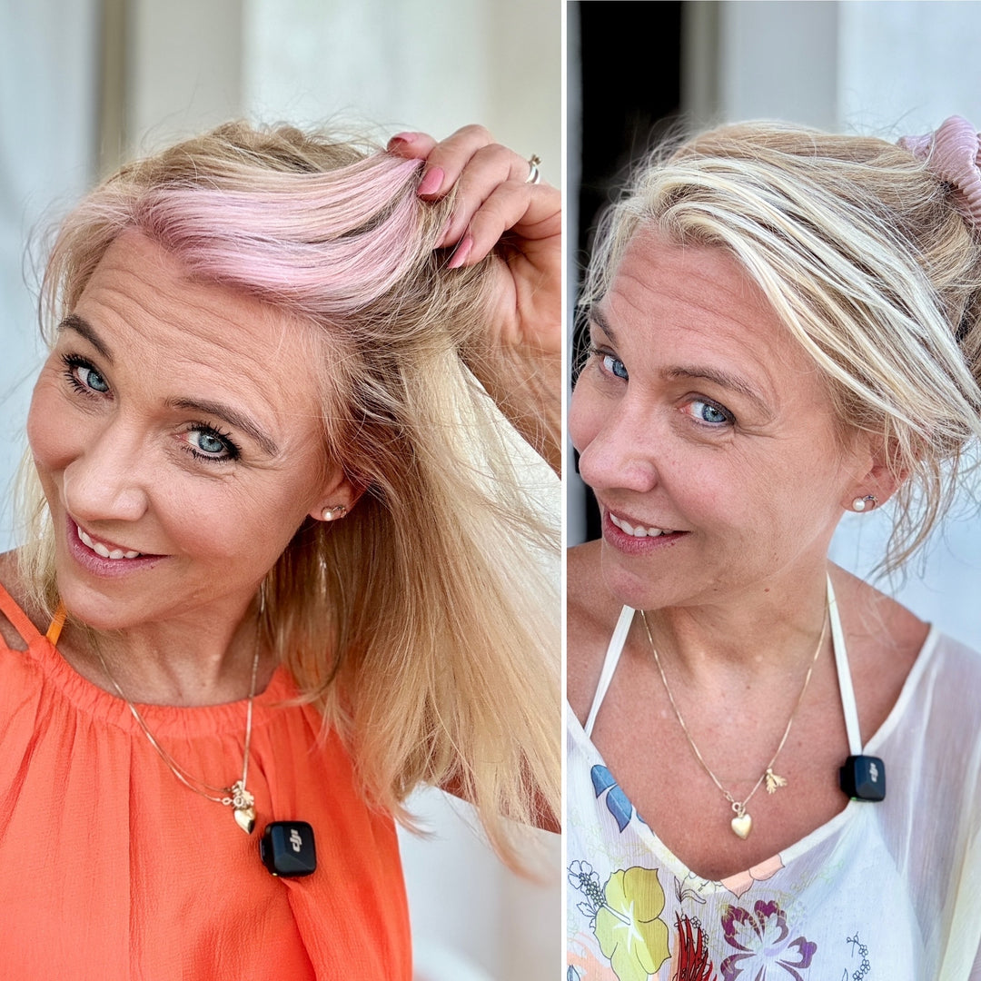 Color POP Soft Pink – før og etter, rosa money-piece i blondt hår